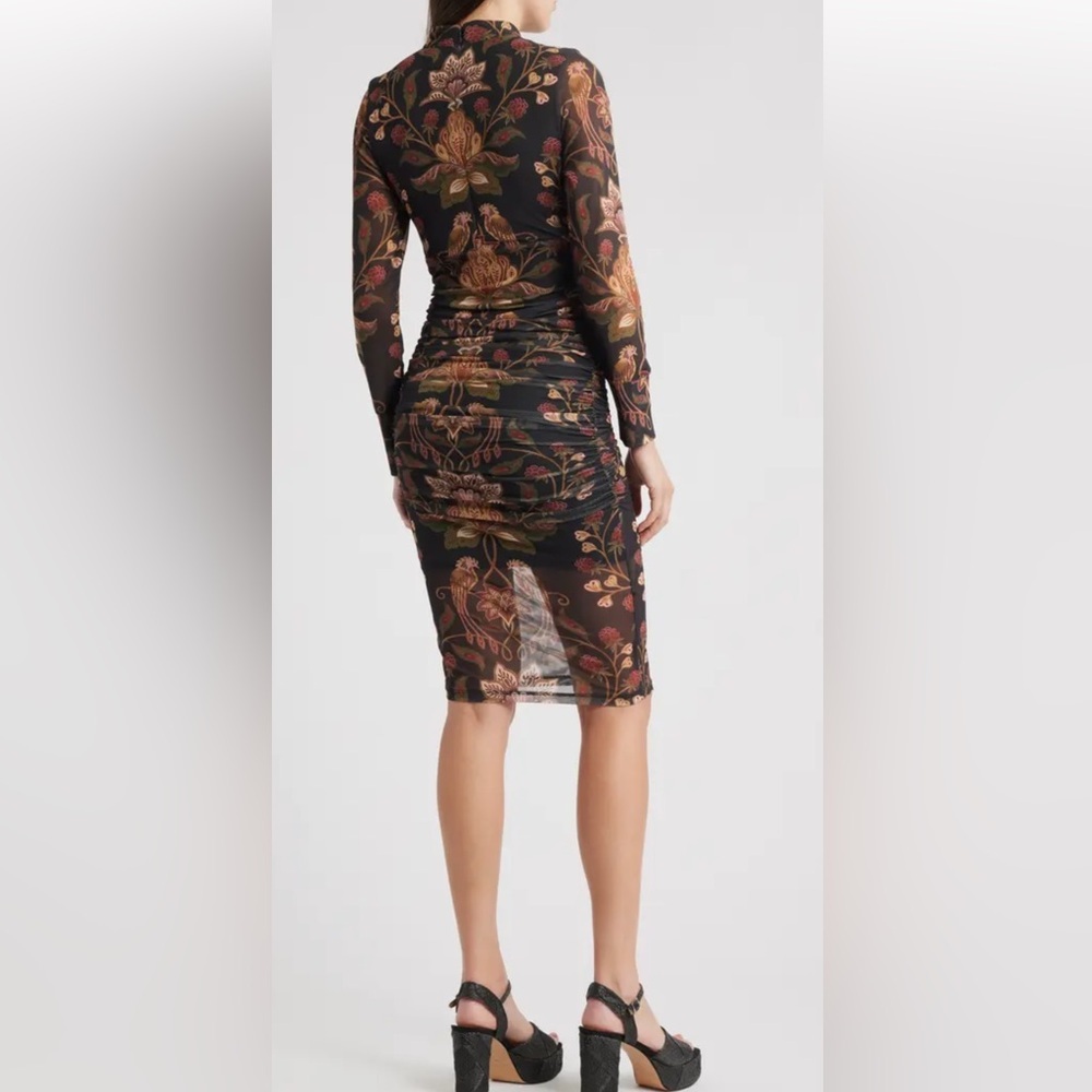 Farm Rio Transparent Berry Garden Long Sleeve Ruched Dress Size XL - Picture 3 of 14